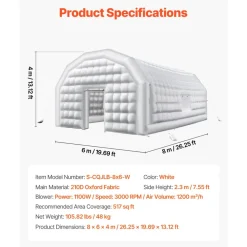 VEVOR Inflatable Nightclub, 26.2 x 19.7 x 13.1 ft Inflatable Party Tent with 1100W Blower & Sandbag, Blow up Night Club with 2 Windows, Air Cube House for Event Birthday Wedding Party, White