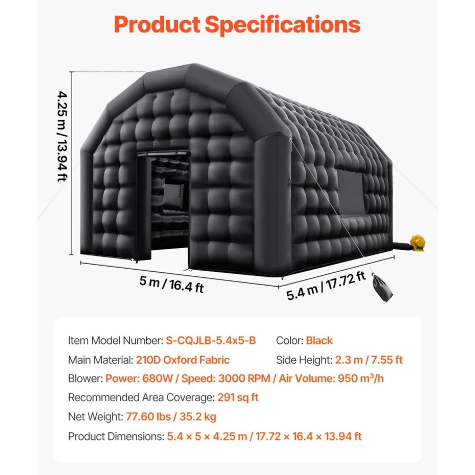 VEVOR Inflatable Nightclub, 17.72 x 16.4 x 13.9 ft Inflatable Party Tent with 680W Blower & Sandbag, Ventilated Blow up Night Club with 2 Windows, Air Cube House for Event Birthday Wedding Party