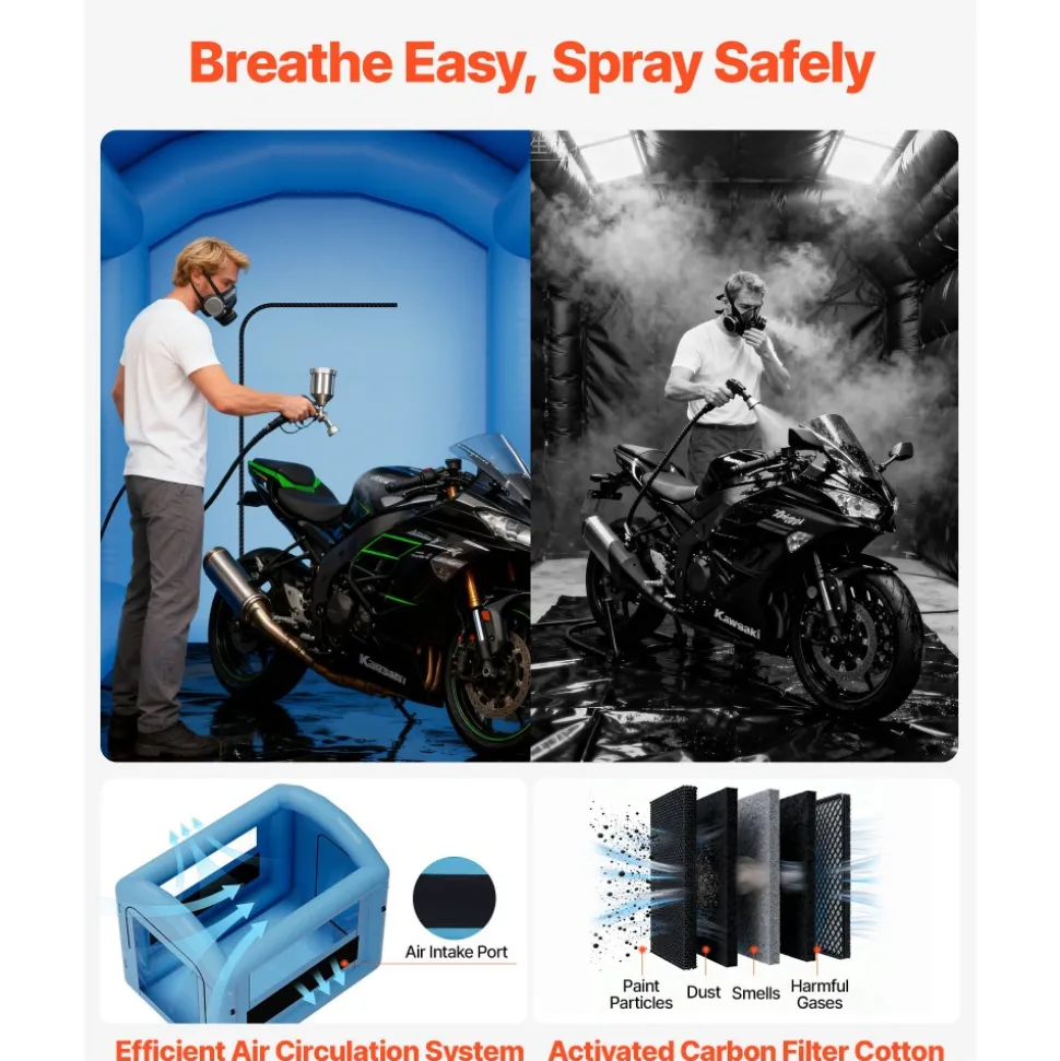 VEVOR Inflatable Paint Booth, 9.84 x 8.2 x 8.2 ft, Inflatable Spray Booth with 550W Powerful Blower and Air Filter System, Round Roof with Light Hook, for Painting Bicycle, Motorcycle, and Furniture