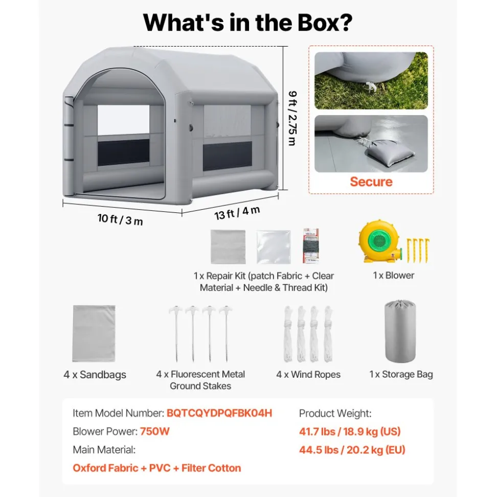 VEVOR Inflatable Paint Booth, 13 x 10 x 9 ft, Portable Spray Booth with 750W Powerful Blower and Large Filter Cotton, Arched Roof Blow Up Painting Tent for Bike, Motorcycle, and Furniture, Gray