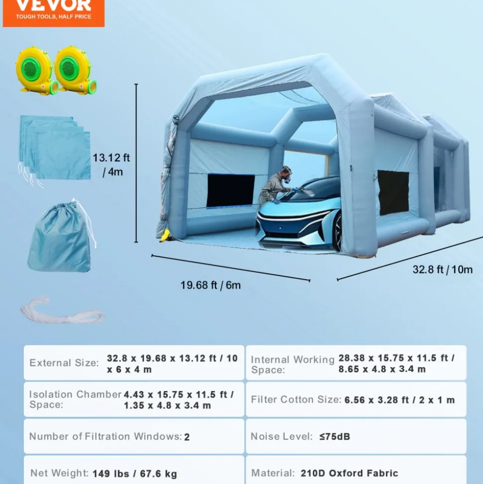 VEVOR Inflatable Paint Booth, 33x20x13ft Inflatable Spray Booth, High Powerful 950W+1100W Blowers Spray Booth Tent, Car Paint Tent Air Filter System for Car Parking Tent Workstation Motorcycle Garage