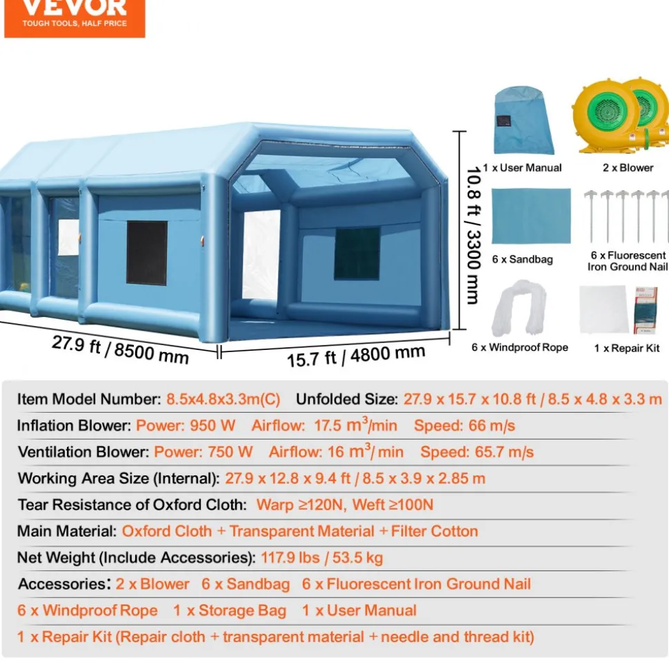 VEVOR Inflatable Paint Booth, 9.8 x 8.2 x 8.2 ft Inflatable Spray Booth, with 550W Powerful Blower and Air Filter System, Portable Car Paint Booth for Motorcycle, Bicycle, Small Furniture Painting