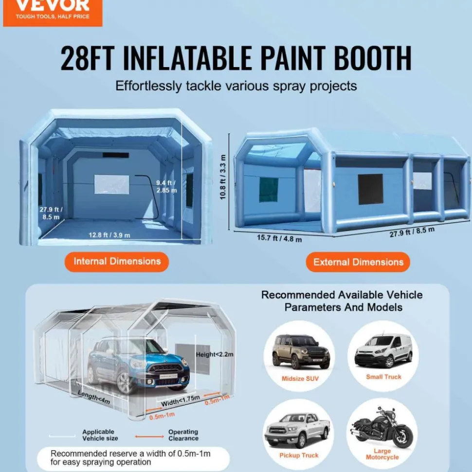 VEVOR Inflatable Paint Booth, 9.8 x 8.2 x 8.2 ft Inflatable Spray Booth, with 550W Powerful Blower and Air Filter System, Portable Car Paint Booth for Motorcycle, Bicycle, Small Furniture Painting