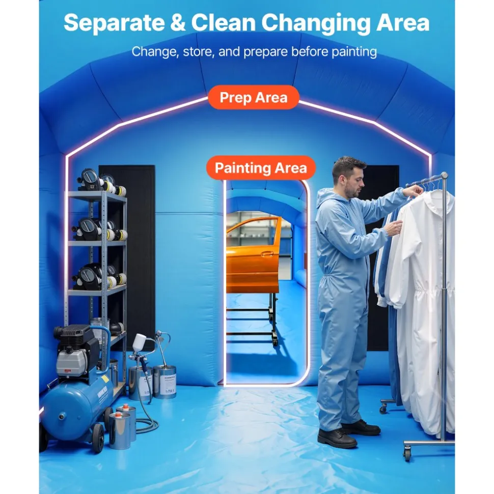 VEVOR Inflatable Paint Booth, 23 x 13 x 9 ft, Portable Spray Booth with 480W+750W Blowers, Large Filter Cotton, Changing Area, Arched Roof Painting Tent for ATV, Motorcycle, Medium Furniture, Blue