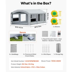 VEVOR Inflatable Paint Booth, 26 x 15 x 10 ft, Portable Spray Booth with 750W+950W Blowers, Large Filter Cotton, Changing Area, Arched Roof Painting Tent for Mid-Size Pickup, Large Furniture, Gray