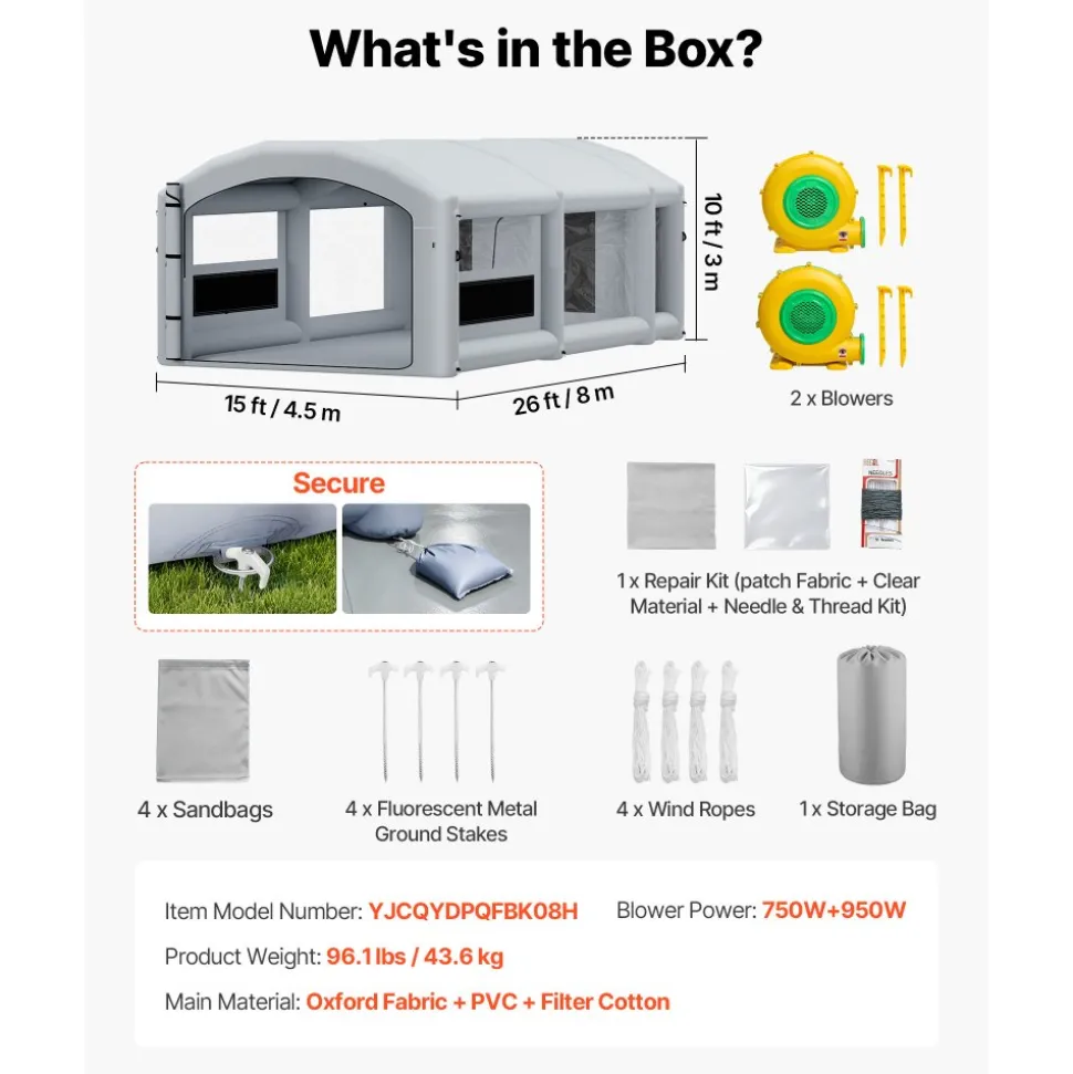 VEVOR Inflatable Paint Booth, 39 x 16 x 13 ft, Portable Spray Booth with 950W+1100W Blowers, Large Filter Cotton, Changing Area, Arched Roof Painting Tent for Heavy-Duty Pickup Truck and Van, Gray
