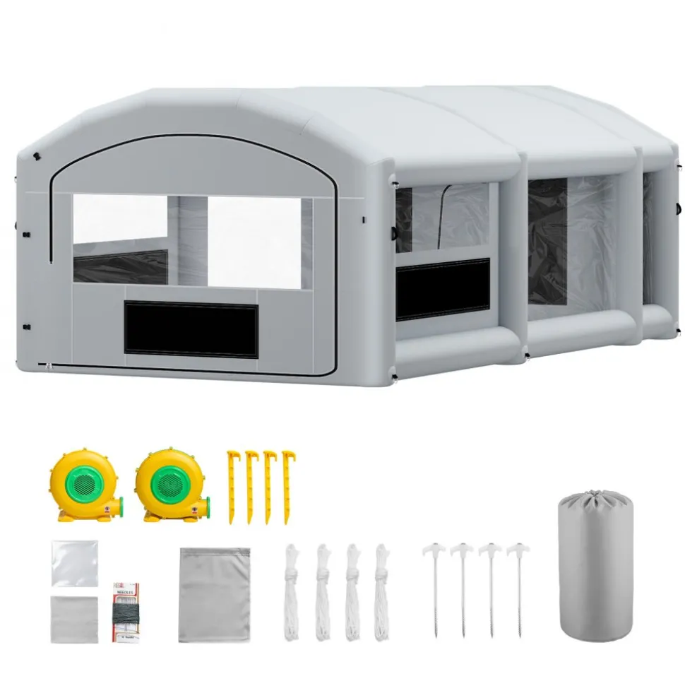 VEVOR Inflatable Paint Booth, 39 x 16 x 13 ft, Portable Spray Booth with 950W+1100W Blowers, Large Filter Cotton, Changing Area, Arched Roof Painting Tent for Heavy-Duty Pickup Truck and Van, Gray