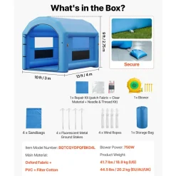 VEVOR Inflatable Paint Booth, 13 x 10 x 9 ft, Portable Spray Booth with 750W Powerful Blower and Large Filter Cotton, Arched Roof Blow Up Painting Tent for Bike, Motorcycle, and Furniture, Blue