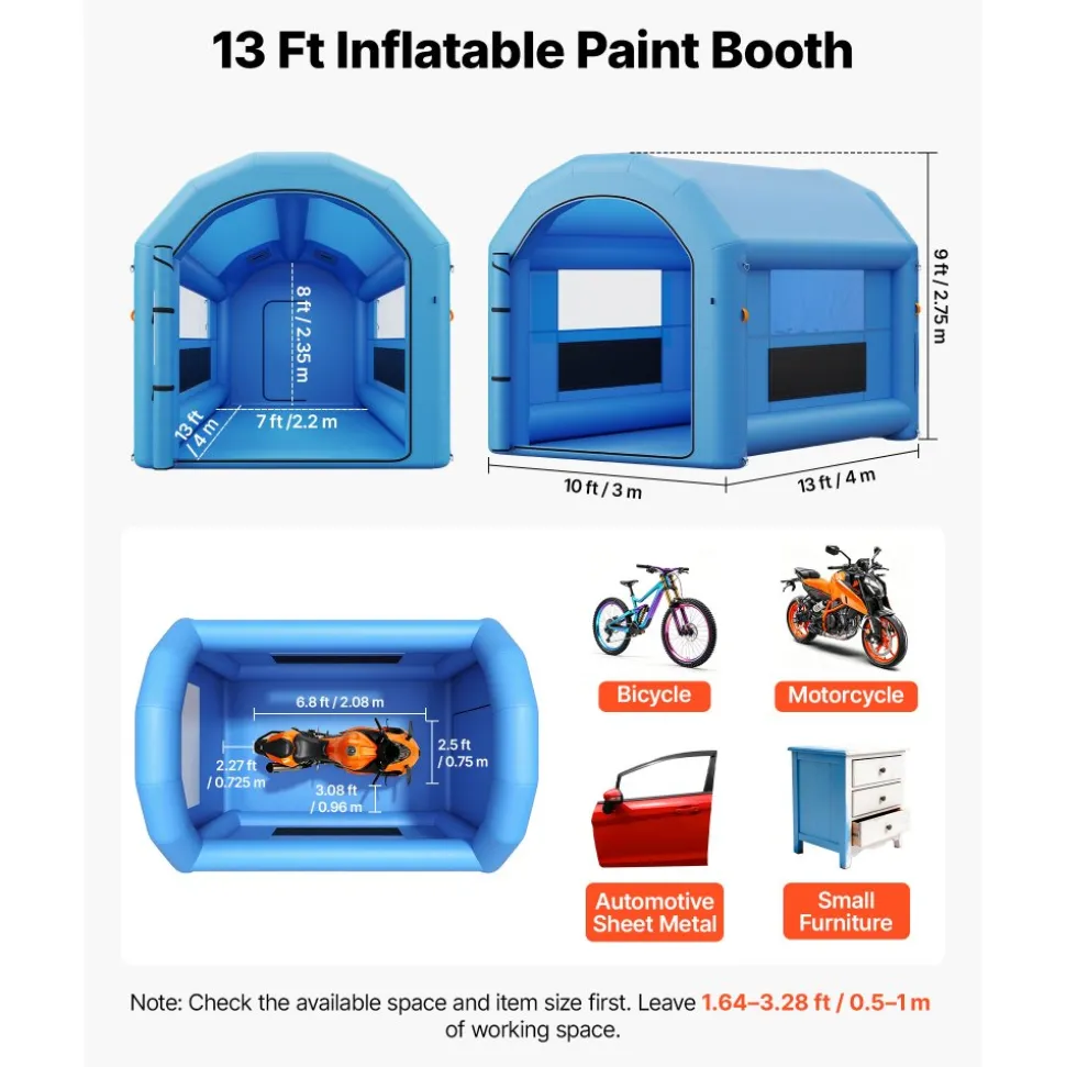 VEVOR Inflatable Paint Booth, 13.1 x 8.2 x 8.2 ft, Portable Spray Booth with 750W Powerful Blower and Large Filter Cotton, Blow Up Painting Tent for Bike, Motorcycle, and Small Furniture, Blue