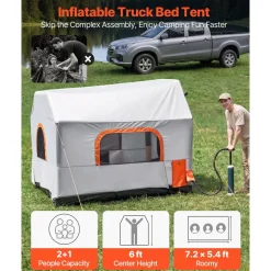 VEVOR Inflatable Pickup Truck Tent, 7.2 x 5.4 FT 3-Season Truck Bed Tent with Ventilated Mesh Windows, PU2000mm Waterproof Pickup Camping Tents for Outdoor Hiking Activities - Air Pump Included