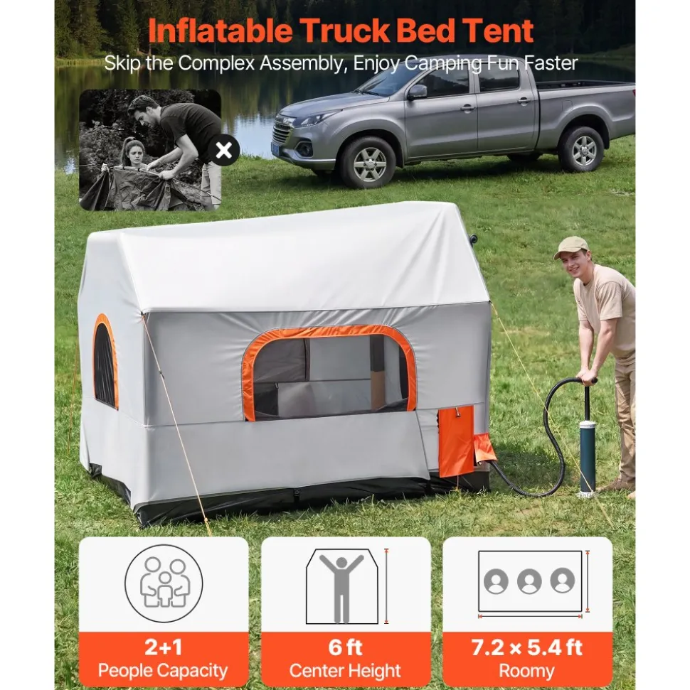 VEVOR Inflatable Pickup Truck Tent, 7.2 x 5.4 FT 3-Season Truck Bed Tent with Ventilated Mesh Windows, PU2000mm Waterproof Pickup Camping Tents for Outdoor Hiking Activities - Air Pump Included