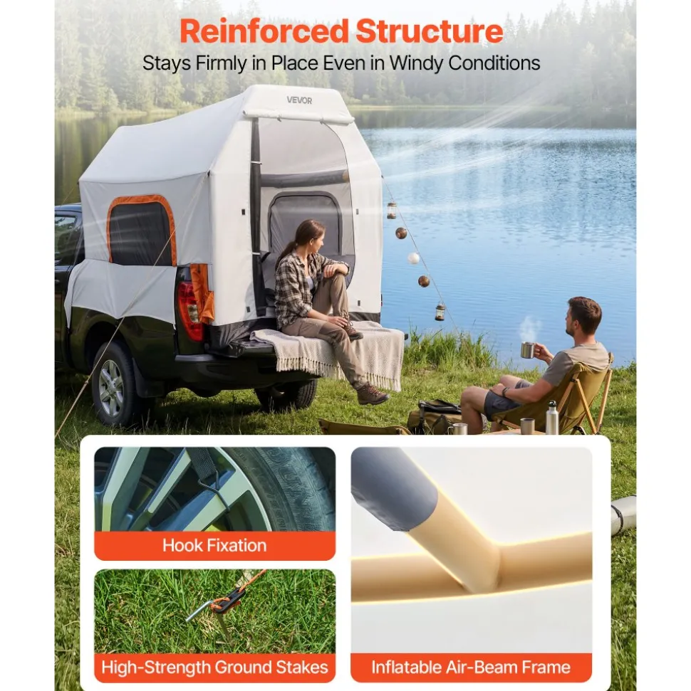 VEVOR Inflatable Pickup Truck Tent, 7.2 x 5.4 FT 3-Season Truck Bed Tent with Ventilated Mesh Windows, PU2000mm Waterproof Pickup Camping Tents for Outdoor Hiking Activities - Air Pump Included