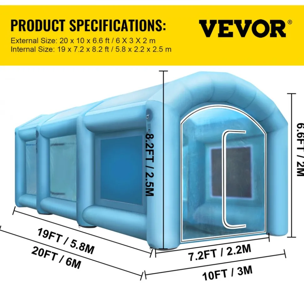 VEVOR Inflatable Spray Booth Car Paint Tent 20 x 10 x 8 ft w/Filter & 2 Blowers