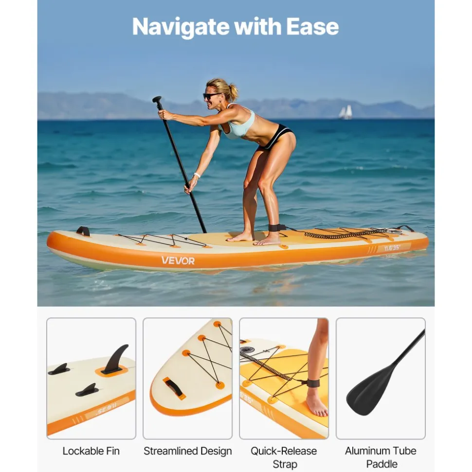 VEVOR Inflatable Stand Up Paddle Board, 11.6' x 35" x 6" Wide Ultra-Light SUP Paddleboard, All Accessories Included, Pump, Paddle, Fin, Backpack, Ankle Leash, Strap, Non-slip Deck for Youth & Adults