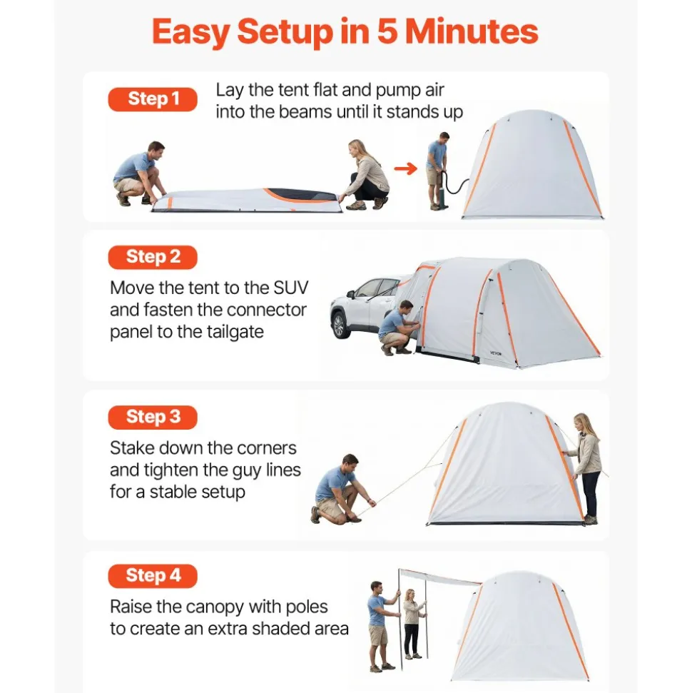 VEVOR Inflatable SUV Tent with Awning, 8 x 6.7 ft 3-Season SUV Tailgate Tent with Ventilated Doors & Mesh Window, PU2000mm Waterproof Car Rear Hatch Tents for Outdoor Camping - Air Pump Included