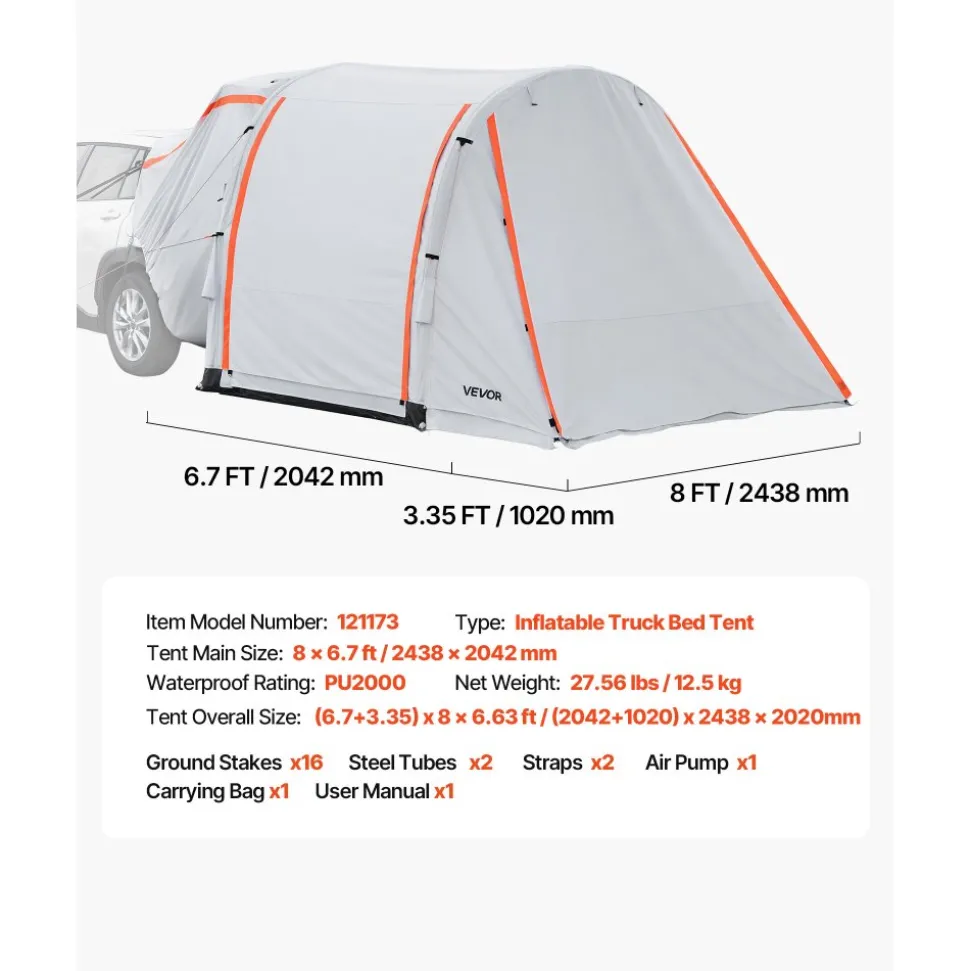 VEVOR Inflatable SUV Tent with Awning, 8 x 6.7 ft 3-Season SUV Tailgate Tent with Ventilated Doors & Mesh Window, PU2000mm Waterproof Car Rear Hatch Tents for Outdoor Camping - Air Pump Included