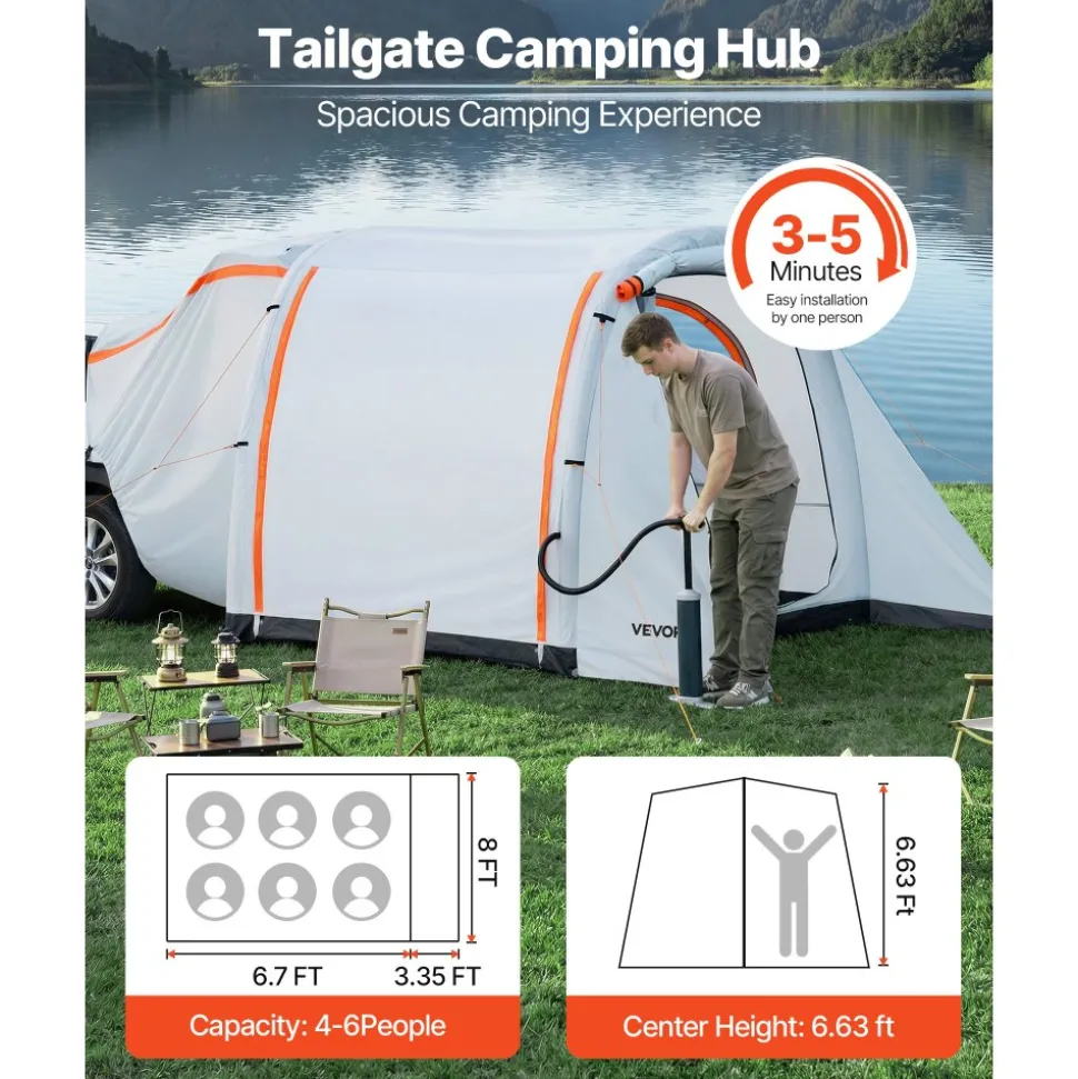 VEVOR Inflatable SUV Tent with Awning, 8 x 6.7 ft 3-Season SUV Tailgate Tent with Ventilated Doors & Mesh Window, PU2000mm Waterproof Car Rear Hatch Tents for Outdoor Camping - Air Pump Included