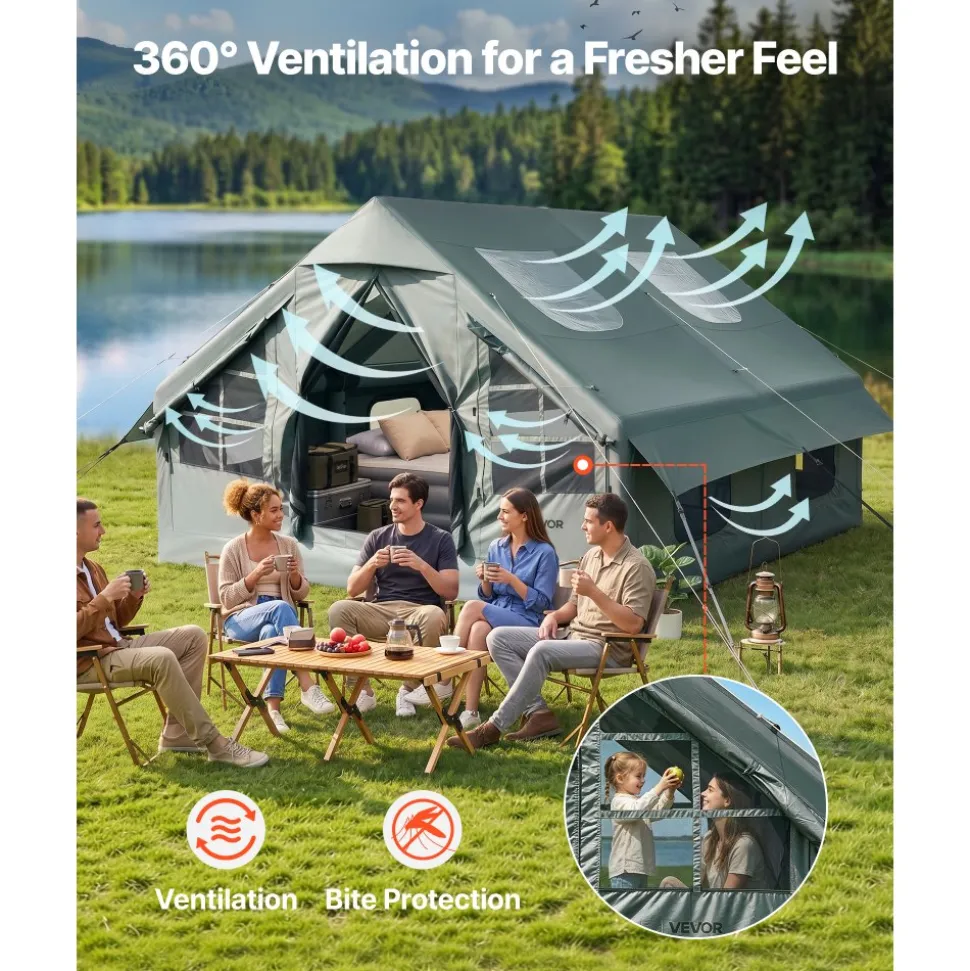 VEVOR Inflatable Tent for Camping 5-8 Person Blow Up Tent with Hand Pump, for Family Outdoor Glamping, Waterproof 420D Oxford, Easy Setup Air House with Skylight, Stove Jack, Mesh Windows & Carry Bag