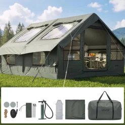 VEVOR Inflatable Tent for Camping 5-8 Person Blow Up Tent with Pump Green, for Family Outdoor Glamping, Waterproof Poly-Cotton, Easy Setup Air House with Skylight, Stove Jack, Mesh Windows & Carry Bag