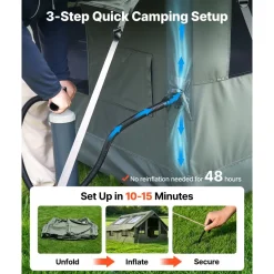 VEVOR Inflatable Tent for Camping 5-8 Person Blow Up Tent with Pump Green, for Family Outdoor Glamping, Waterproof Poly-Cotton, Easy Setup Air House with Skylight, Stove Jack, Mesh Windows & Carry Bag