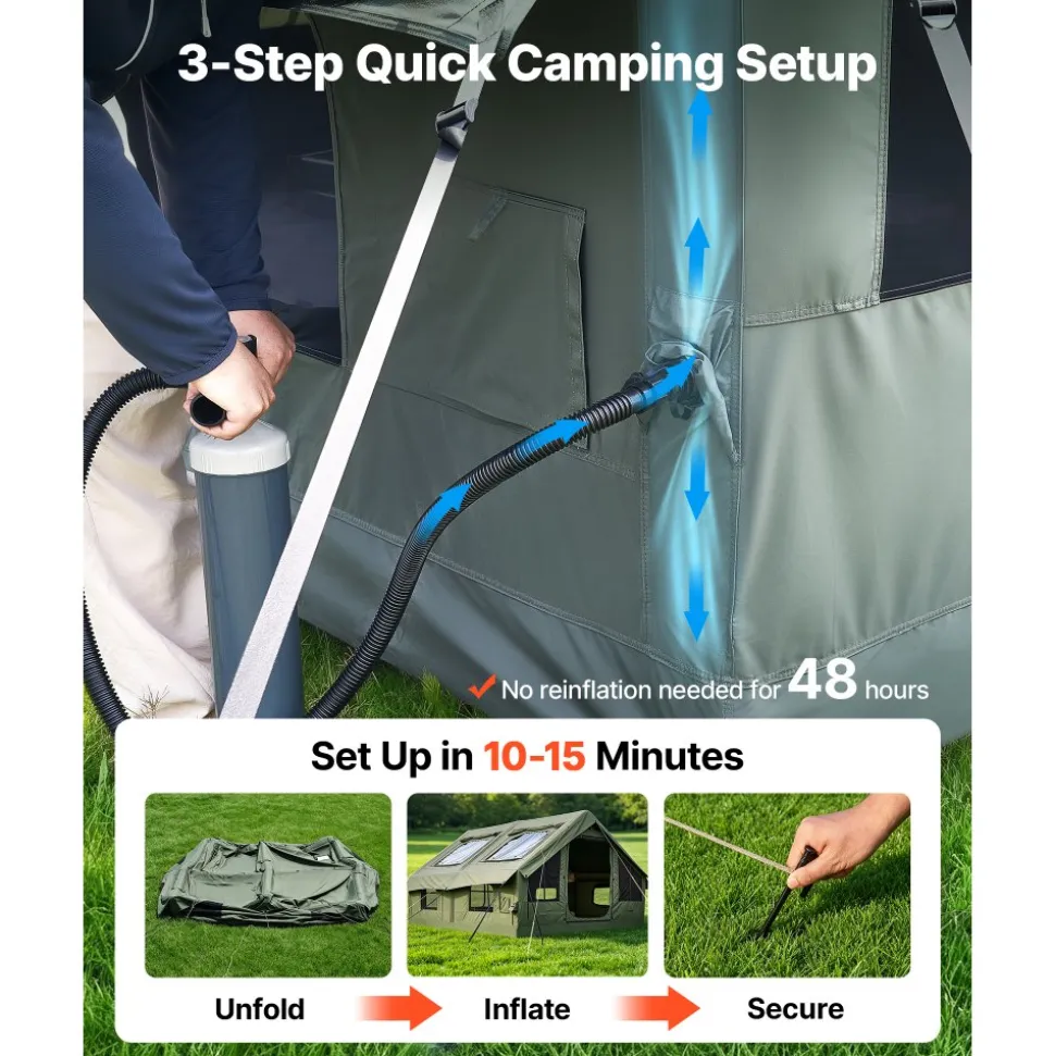 VEVOR Inflatable Tent for Camping 5-8 Person Blow Up Tent with Pump Green, for Family Outdoor Glamping, Waterproof Poly-Cotton, Easy Setup Air House with Skylight, Stove Jack, Mesh Windows & Carry Bag