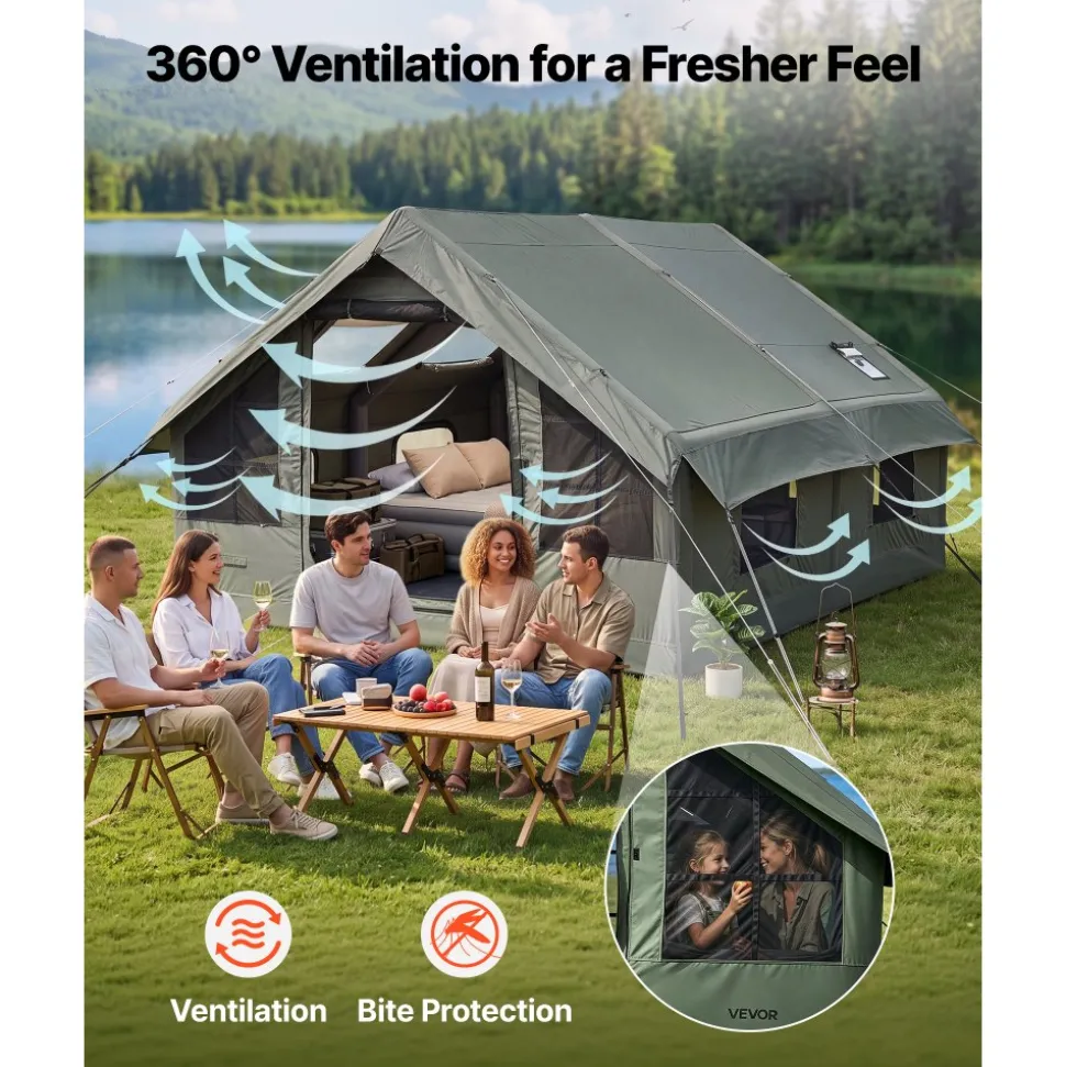 VEVOR Inflatable Tent for Camping 5-8 Person Blow Up Tent with Pump Green, for Family Outdoor Glamping, Waterproof Poly-Cotton, Easy Setup Air House with Skylight, Stove Jack, Mesh Windows & Carry Bag