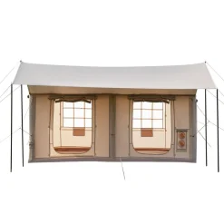 VEVOR Inflatable Tent for Camping 5-8 Person Blow Up Tent with Pump Beige, for Family Outdoor Glamping, Waterproof 420D Oxford, Easy Setup Air House with Skylight, Canopy, Stove Jack & Mesh Windows