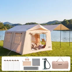VEVOR Inflatable Tent for Camping 5-8 Person Blow Up Tent with Pump Beige, for Family Outdoor Glamping, Waterproof 420D Oxford, Easy Setup Air House with Skylight, Canopy, Stove Jack & Mesh Windows