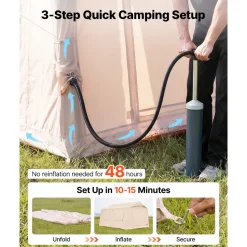 VEVOR Inflatable Tent for Camping 5-8 Person Blow Up Tent with Pump Beige, for Family Outdoor Glamping, Waterproof 420D Oxford, Easy Setup Air House with Skylight, Canopy, Stove Jack & Mesh Windows