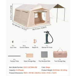VEVOR Inflatable Tent for Camping 5-8 Person Blow Up Tent with Pump Beige, for Family Outdoor Glamping, Waterproof 420D Oxford, Easy Setup Air House with Skylight, Canopy, Stove Jack & Mesh Windows
