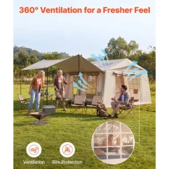 VEVOR Inflatable Tent for Camping 5-8 Person Blow Up Tent with Pump Beige, for Family Outdoor Glamping, Waterproof 420D Oxford, Easy Setup Air House with Skylight, Canopy, Stove Jack & Mesh Windows