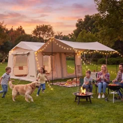 VEVOR Inflatable Tent for Camping 5-8 Person Blow Up Tent with Pump Beige, for Family Outdoor Glamping, Waterproof 420D Oxford, Easy Setup Air House with Skylight, Canopy, Stove Jack & Mesh Windows