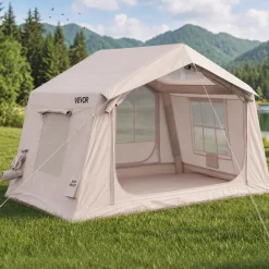 VEVOR Inflatable Tent for Camping 2-4 Person Blow Up Tent with Pump Beige, for Family Outdoor Glamping, Waterproof 420D Oxford, Easy Setup Air House with Skylight, Stove Jack, Mesh Windows & Carry Bag
