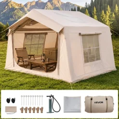 VEVOR Inflatable Tent for Camping 2-4 Person Blow Up Tent with Pump Beige, for Family Outdoor Glamping, Waterproof 420D Oxford, Easy Setup Air House with Skylight, Stove Jack, Mesh Windows & Carry Bag