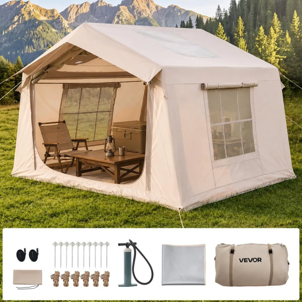 VEVOR Inflatable Tent for Camping 2-4 Person Blow Up Tent with Pump Beige, for Family Outdoor Glamping, Waterproof 420D Oxford, Easy Setup Air House with Skylight, Stove Jack, Mesh Windows & Carry Bag