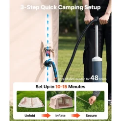 VEVOR Inflatable Tent for Camping 2-4 Person Blow Up Tent with Pump Beige, for Family Outdoor Glamping, Waterproof 420D Oxford, Easy Setup Air House with Skylight, Stove Jack, Mesh Windows & Carry Bag