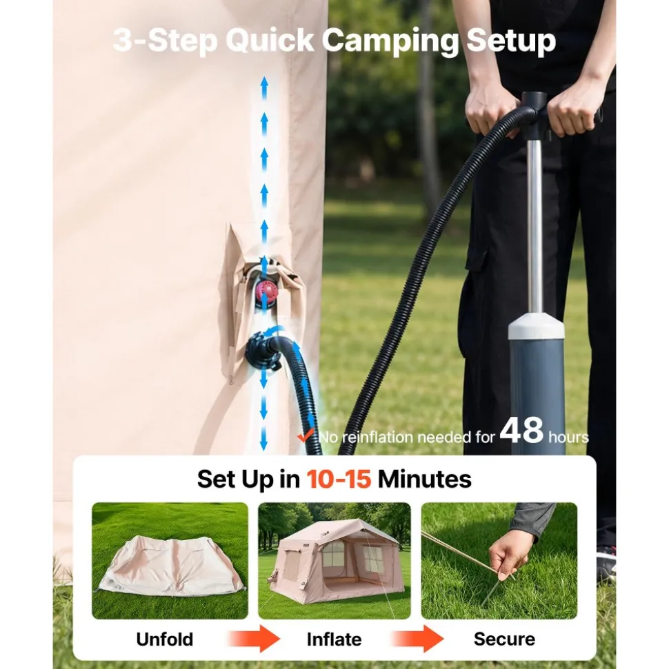 VEVOR Inflatable Tent for Camping 2-4 Person Blow Up Tent with Pump Beige, for Family Outdoor Glamping, Waterproof 420D Oxford, Easy Setup Air House with Skylight, Stove Jack, Mesh Windows & Carry Bag