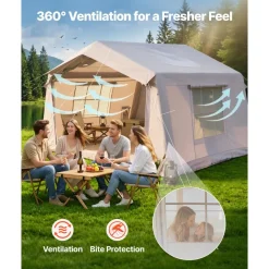 VEVOR Inflatable Tent for Camping 2-4 Person Blow Up Tent with Pump Beige, for Family Outdoor Glamping, Waterproof 420D Oxford, Easy Setup Air House with Skylight, Stove Jack, Mesh Windows & Carry Bag