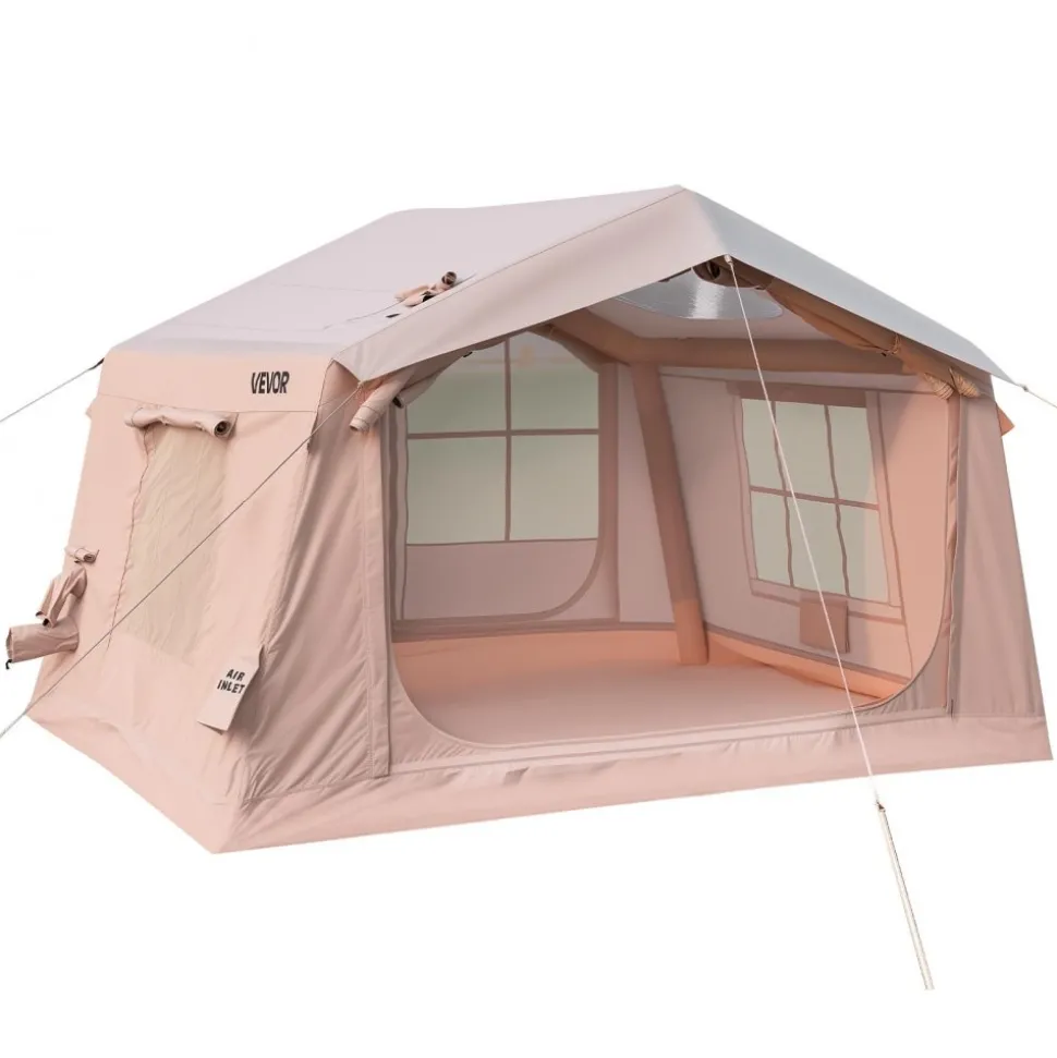 VEVOR Inflatable Tent for Camping 2-4 Person Blow Up Tent with Pump Beige, for Family Outdoor Glamping, Waterproof 420D Oxford, Easy Setup Air House with Skylight, Stove Jack, Mesh Windows & Carry Bag