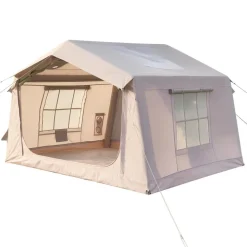 VEVOR Inflatable Tent for Camping 2-4 Person Blow Up Tent with Pump Beige, for Family Outdoor Glamping, Waterproof 420D Oxford, Easy Setup Air House with Skylight, Stove Jack, Mesh Windows & Carry Bag