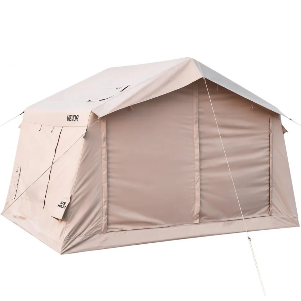 VEVOR Inflatable Tent for Camping 2-4 Person Blow Up Tent with Pump Beige, for Family Outdoor Glamping, Waterproof 420D Oxford, Easy Setup Air House with Skylight, Stove Jack, Mesh Windows & Carry Bag