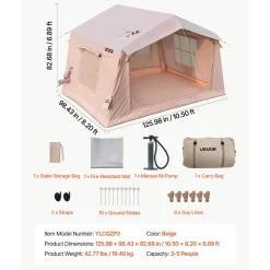 VEVOR Inflatable Tent for Camping 2-4 Person Blow Up Tent with Pump Beige, for Family Outdoor Glamping, Waterproof 420D Oxford, Easy Setup Air House with Skylight, Stove Jack, Mesh Windows & Carry Bag