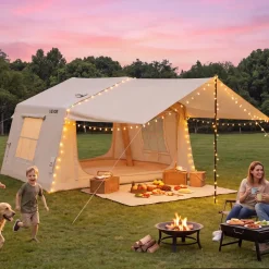 VEVOR Inflatable Tent for Camping 2-4 Person Blow Up Tent with Hand Pump, for Family Outdoor Glamping, Waterproof 420D Oxford, Easy Setup Air House with Skylight, Canopy, Stove Jack & Mesh Windows