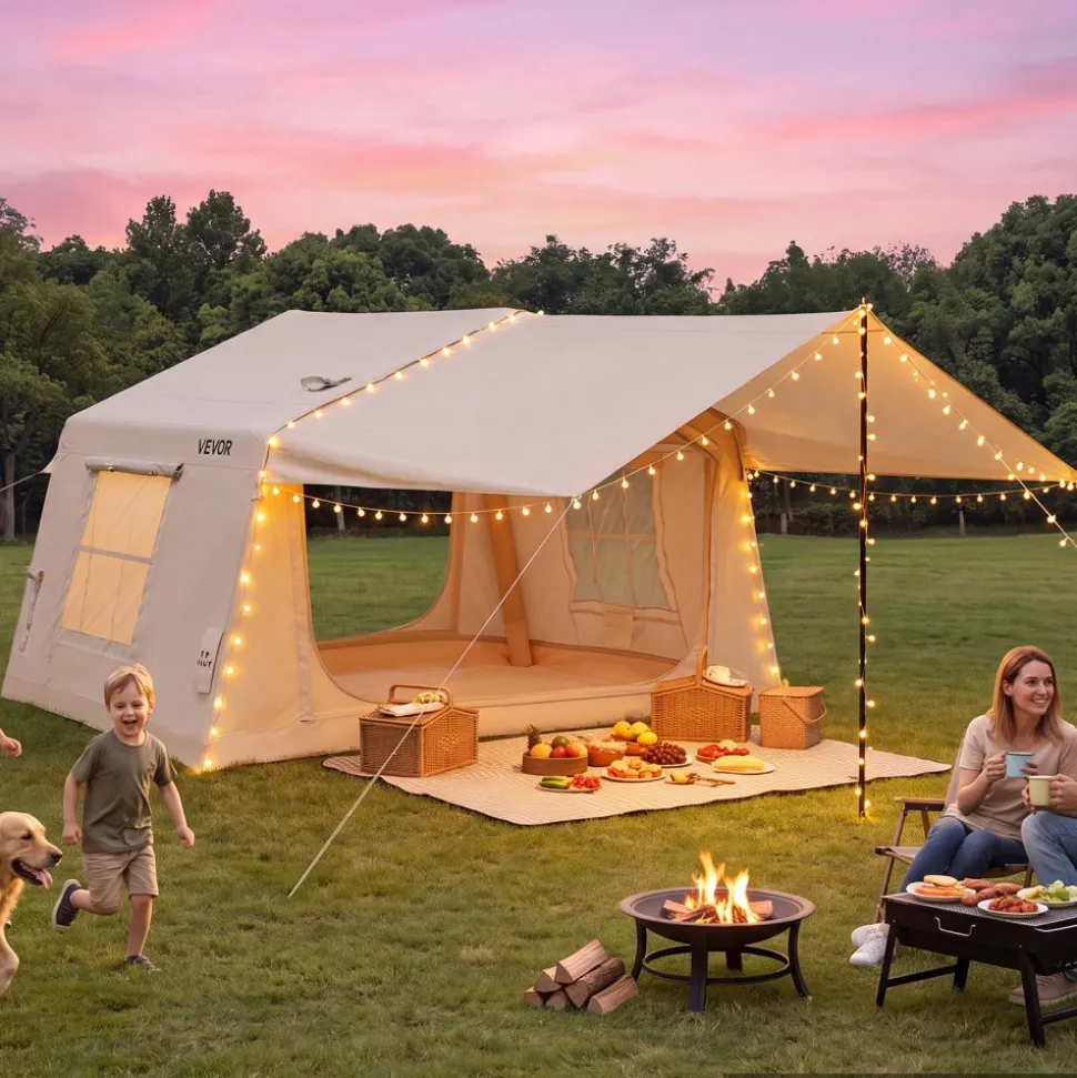VEVOR Inflatable Tent for Camping 2-4 Person Blow Up Tent with Hand Pump, for Family Outdoor Glamping, Waterproof 420D Oxford, Easy Setup Air House with Skylight, Canopy, Stove Jack & Mesh Windows