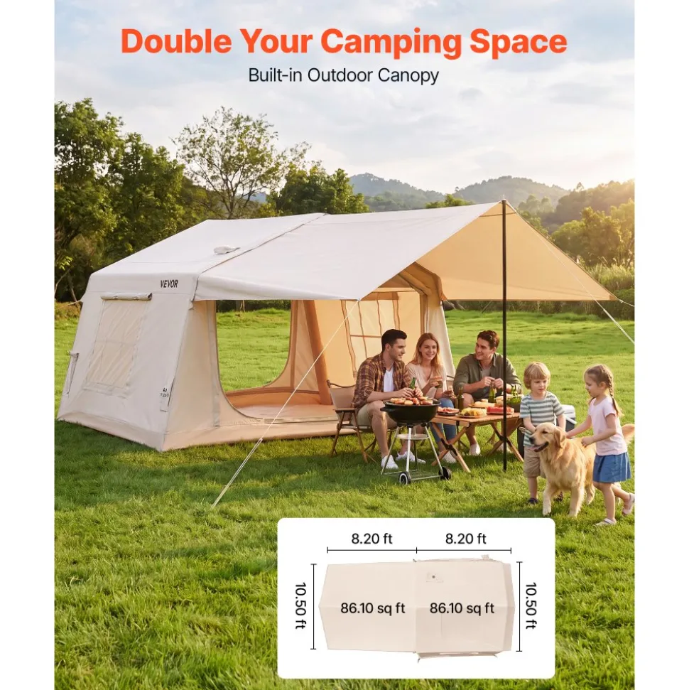 VEVOR Inflatable Tent for Camping 2-4 Person Blow Up Tent with Hand Pump, for Family Outdoor Glamping, Waterproof 420D Oxford, Easy Setup Air House with Skylight, Canopy, Stove Jack & Mesh Windows
