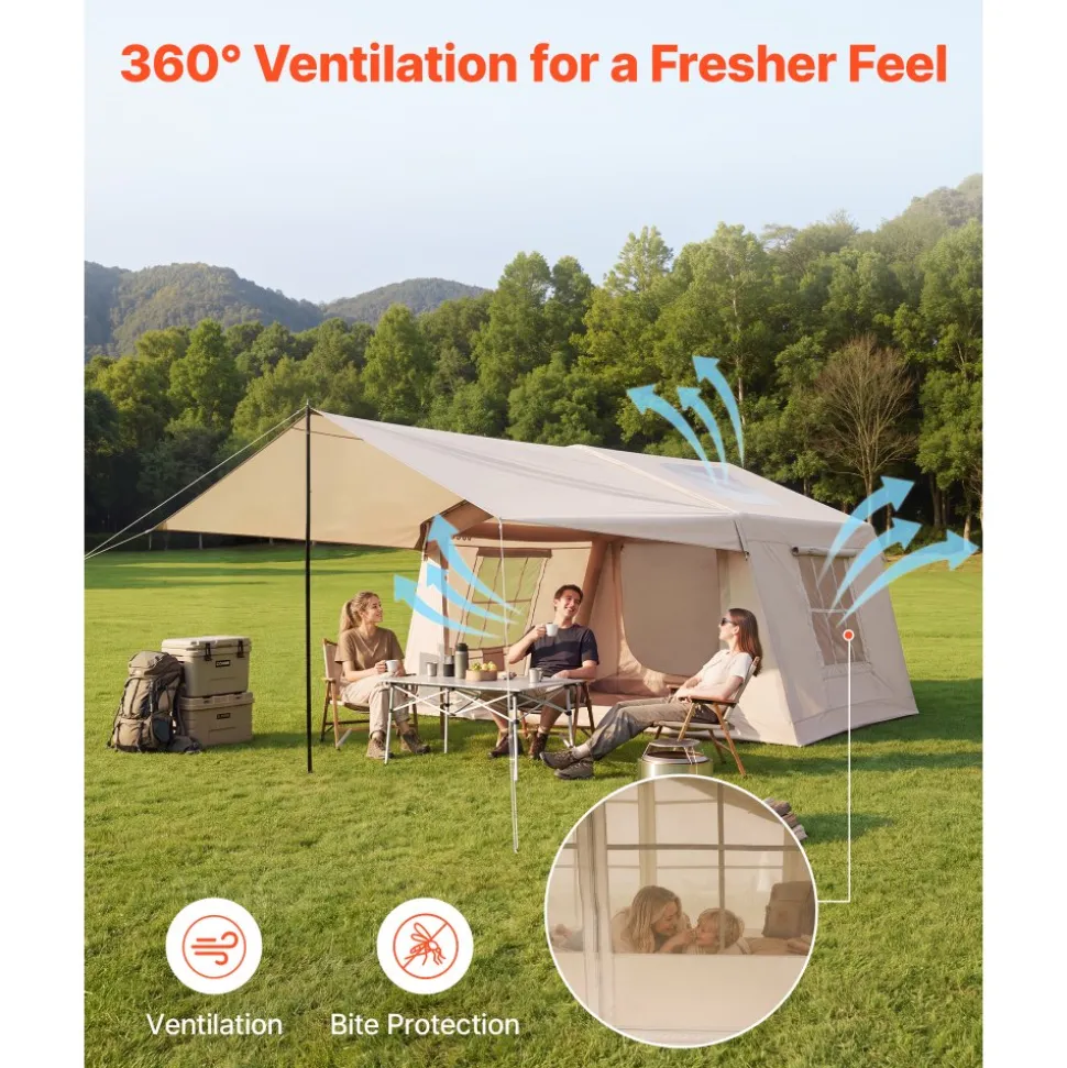 VEVOR Inflatable Tent for Camping 2-4 Person Blow Up Tent with Hand Pump, for Family Outdoor Glamping, Waterproof 420D Oxford, Easy Setup Air House with Skylight, Canopy, Stove Jack & Mesh Windows