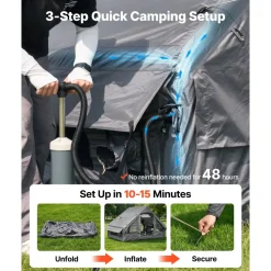VEVOR Inflatable Tent for Camping 2-4 Person Blow Up Tent with Pump Gray, for Family Outdoor Glamping, Waterproof 420D Oxford, Easy Setup Air House with Skylight, Stove Jack, Mesh Windows & Carry Bag