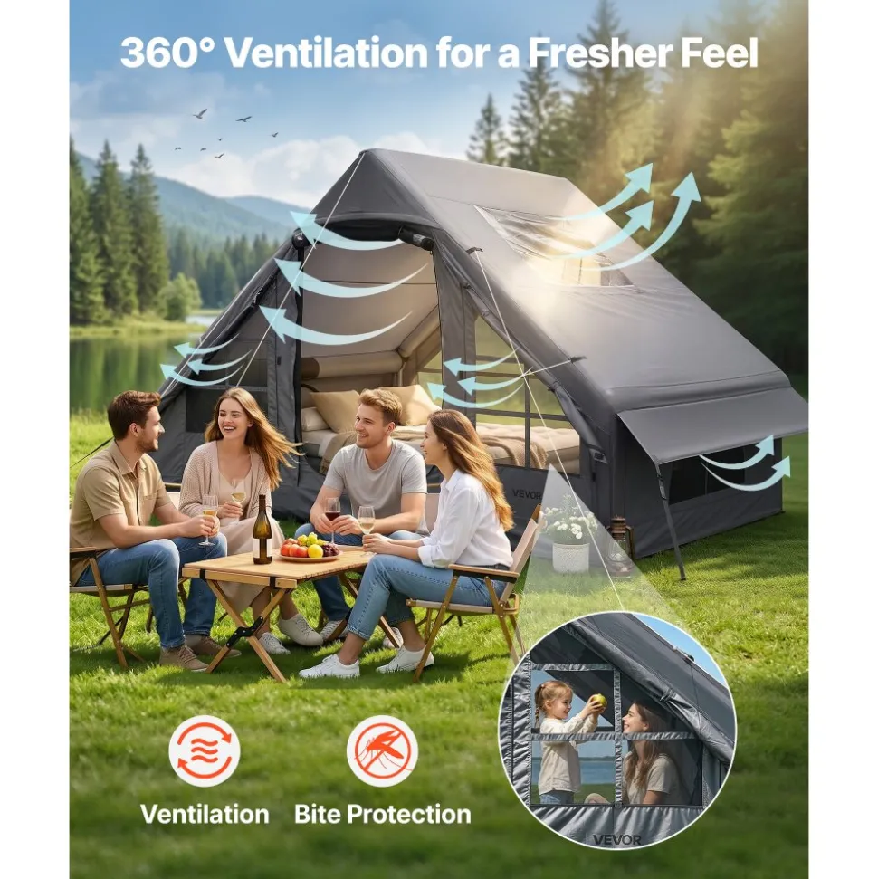 VEVOR Inflatable Tent for Camping 2-4 Person Blow Up Tent with Pump Gray, for Family Outdoor Glamping, Waterproof 420D Oxford, Easy Setup Air House with Skylight, Stove Jack, Mesh Windows & Carry Bag