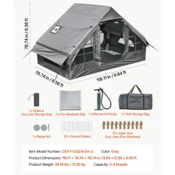 VEVOR Inflatable Tent for Camping 2-4 Person Blow Up Tent with Pump Gray, for Family Outdoor Glamping, Waterproof 420D Oxford, Easy Setup Air House with Skylight, Stove Jack, Mesh Windows & Carry Bag