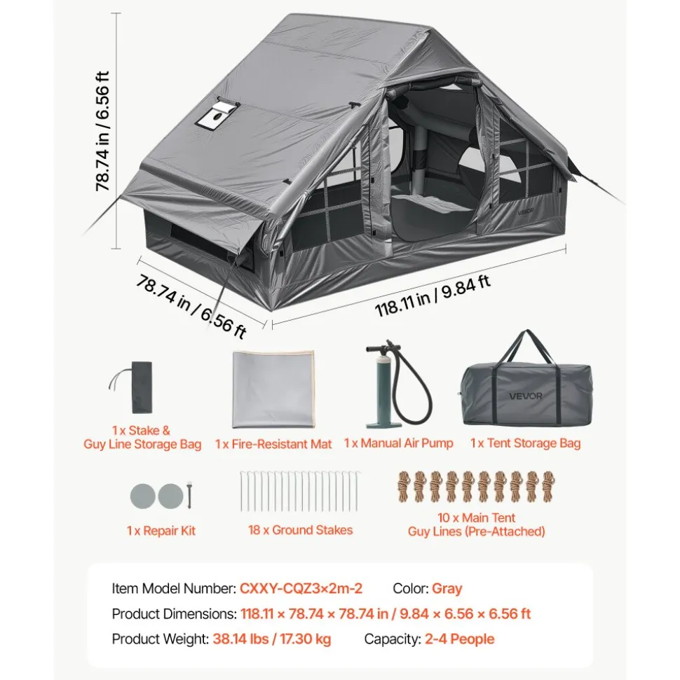 VEVOR Inflatable Tent for Camping 2-4 Person Blow Up Tent with Pump Gray, for Family Outdoor Glamping, Waterproof 420D Oxford, Easy Setup Air House with Skylight, Stove Jack, Mesh Windows & Carry Bag
